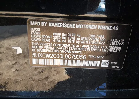 2020 BMW X7 xDrive40I z USA, uszkodzony, nr VIN 5UXCW2C00L9C79356